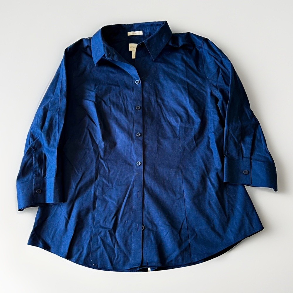 Chico's Women's Solid Blue 100% Cotton Woven Long Sleeve Button up Sz 1